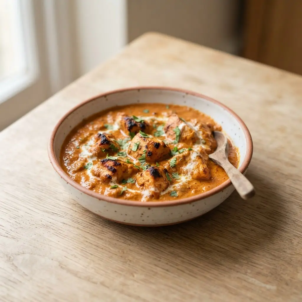 Tikka masala on a plain wooden surface.