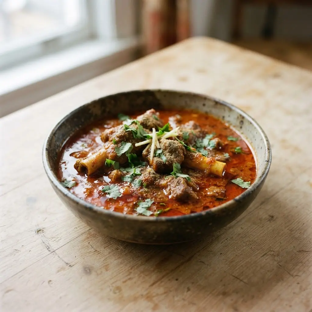 Lamb rogan josh on a plain wooden surface.