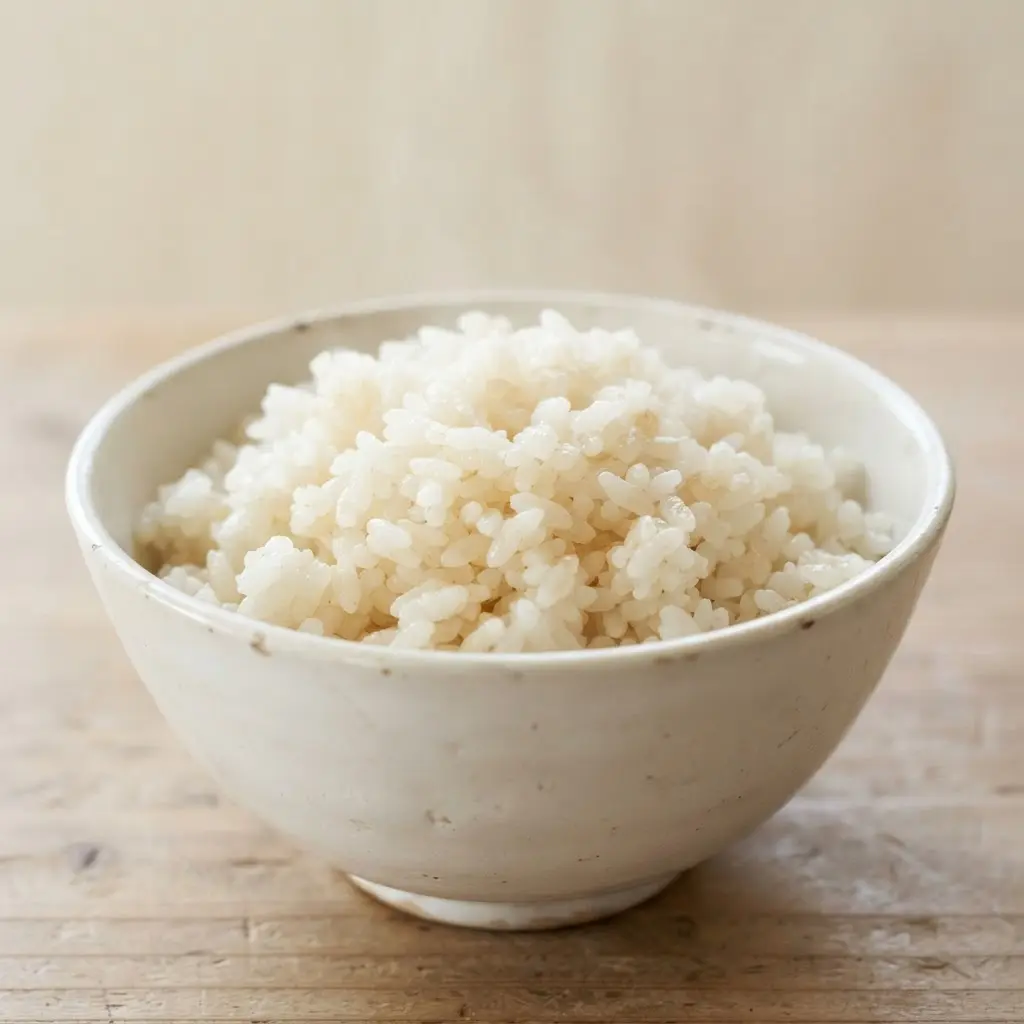 Rice in a plain white bowl in close-up.
