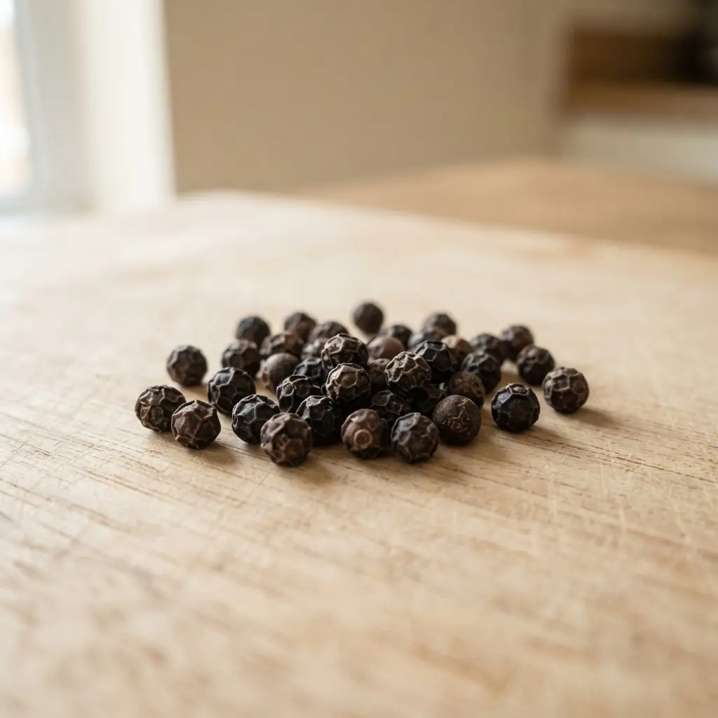 Black pepper on a plain wooden surface.