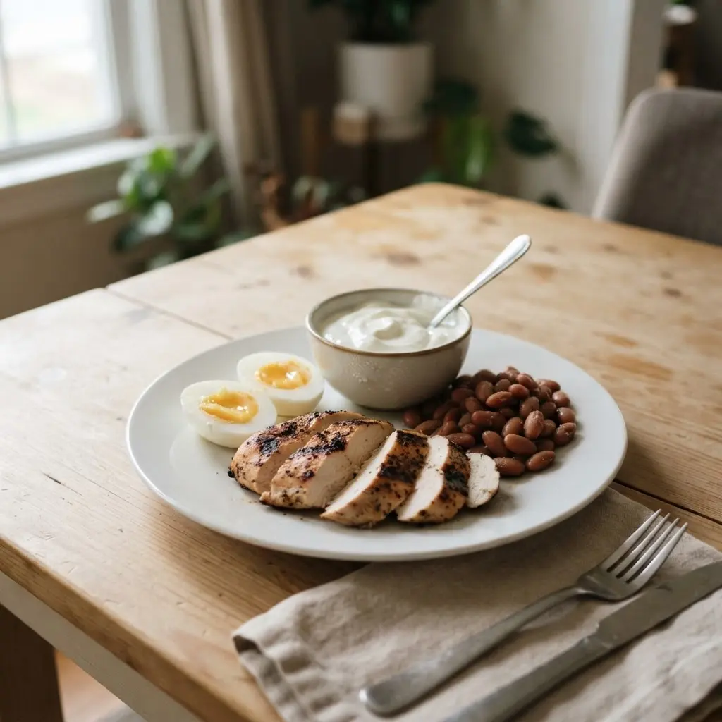 Greek yogurt, eggs, beans, and grilled chicken arranged on a plate for tips for gym beginners heres what you should eat.