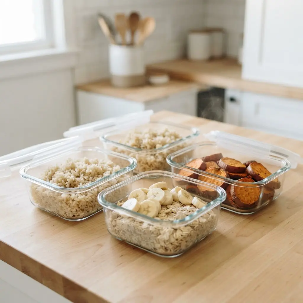 Brown rice, oats, potatoes, and sliced bananas arranged in meal containers for steady workout energy.