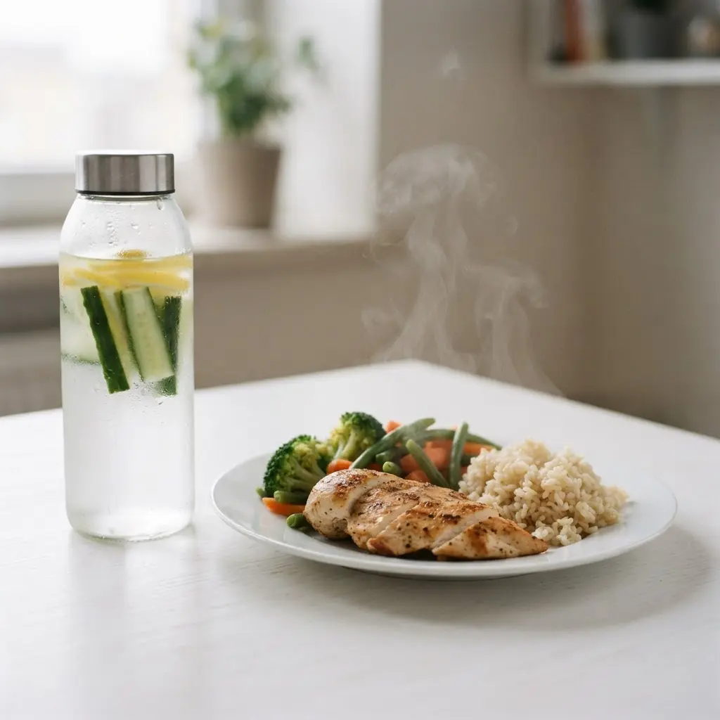 A clear water bottle sits beside a balanced meal with vegetables, rice, and grilled chicken.