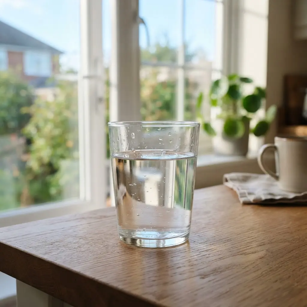 Clear water glass on a kitchen table, an easy healthier morning routine habit.