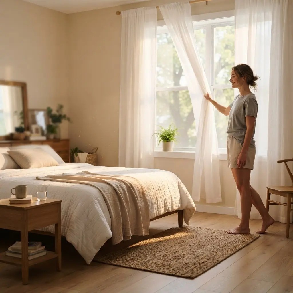 Sunlight fills a bedroom through open curtains beside a neatly made bed.