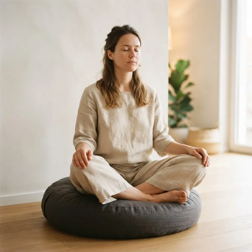 Person seated on a cushion in a quiet room during a calm breathing practice.