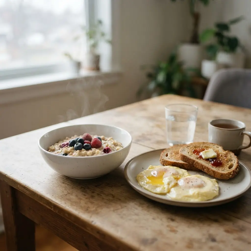 Balanced breakfast with oatmeal, berries, eggs, and toast for a healthier morning routine.