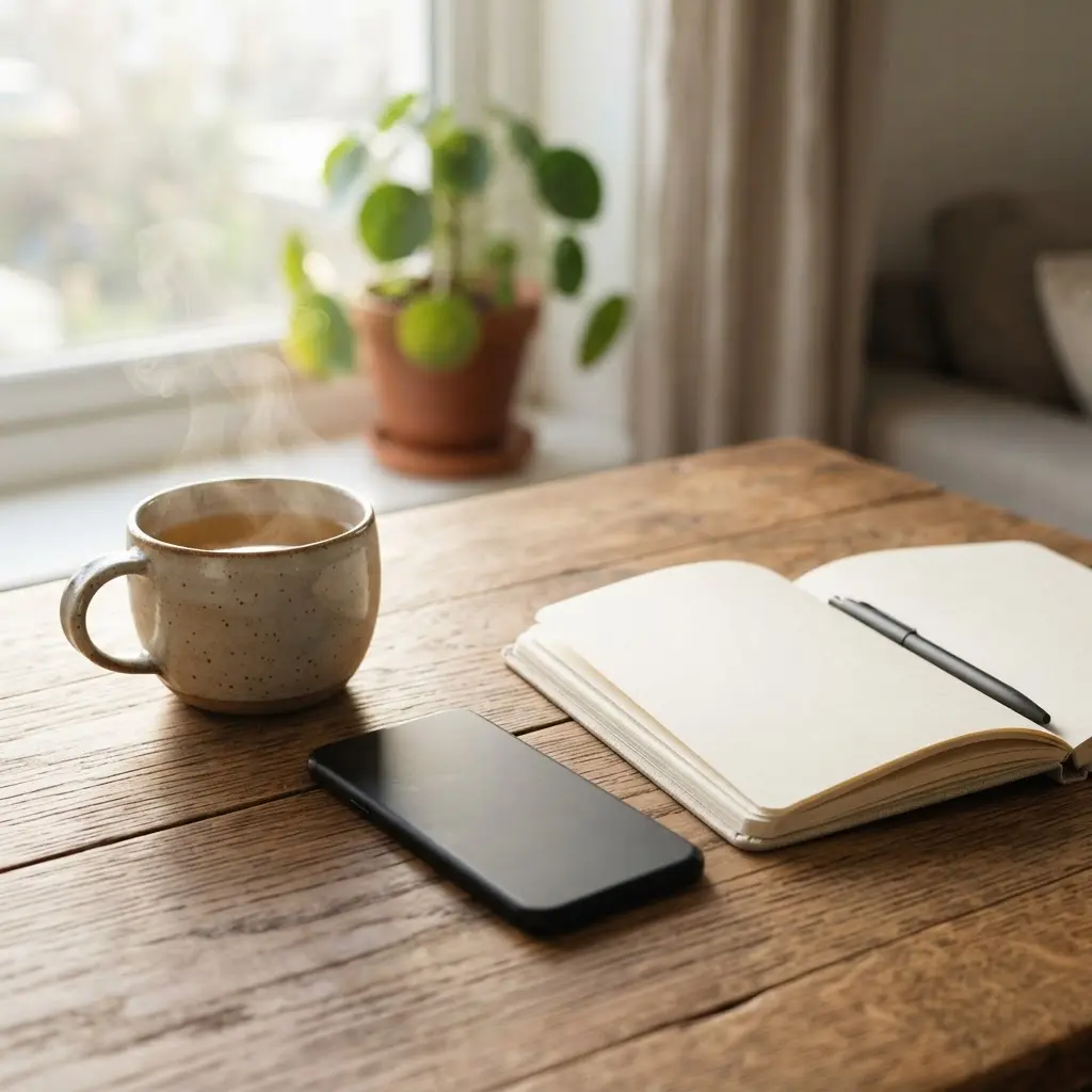 Phone turned face down beside a notebook, tea, and a quiet morning workspace.