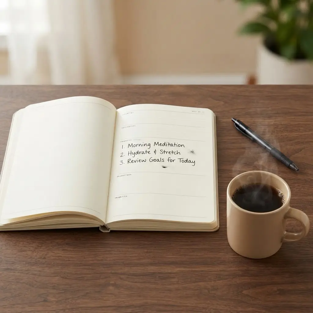 Open paper planner showing three morning priorities beside a pen and coffee cup.