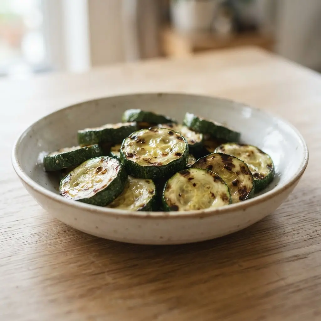 Zucchini slices coated with high-heat oil on a grill grate during summer vegetable grilling.
