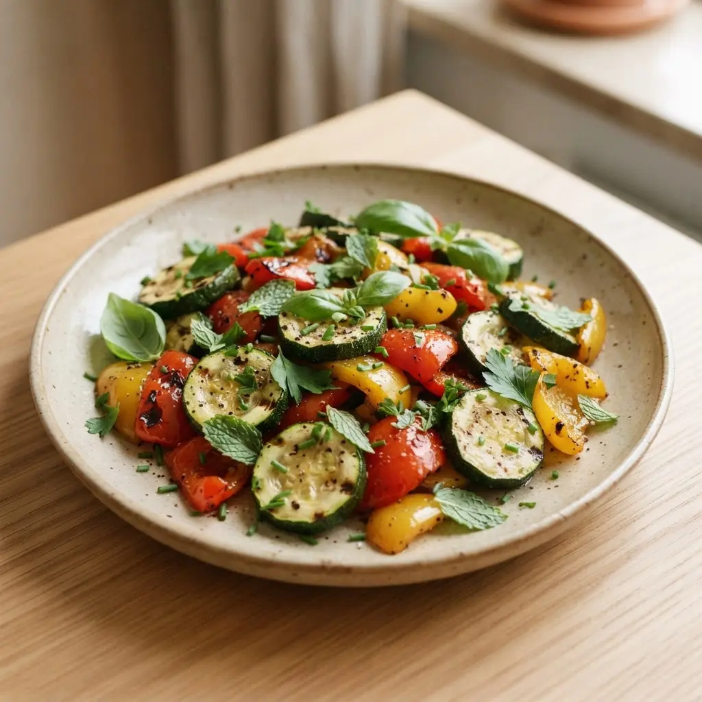 A serving platter holds grilled vegetables beside fresh basil, parsley, mint, and chives.