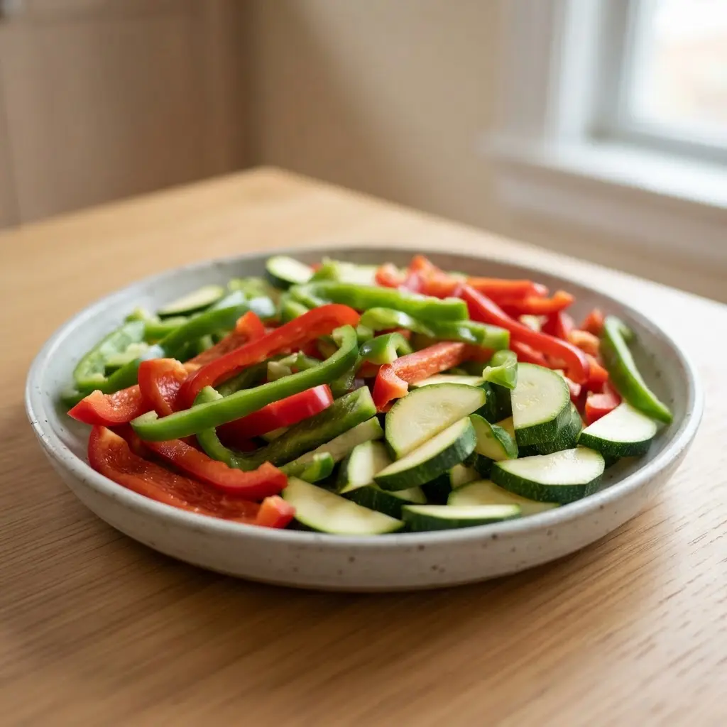 Equal-sized bell pepper strips and zucchini pieces arranged on a wooden cutting board.