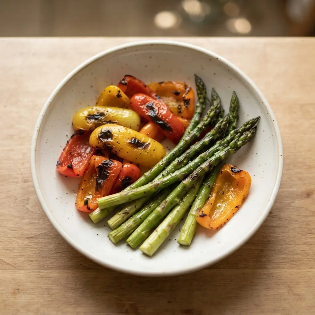 Asparagus and peppers sit over separate grill heat zones for controlled summer vegetable grilling.