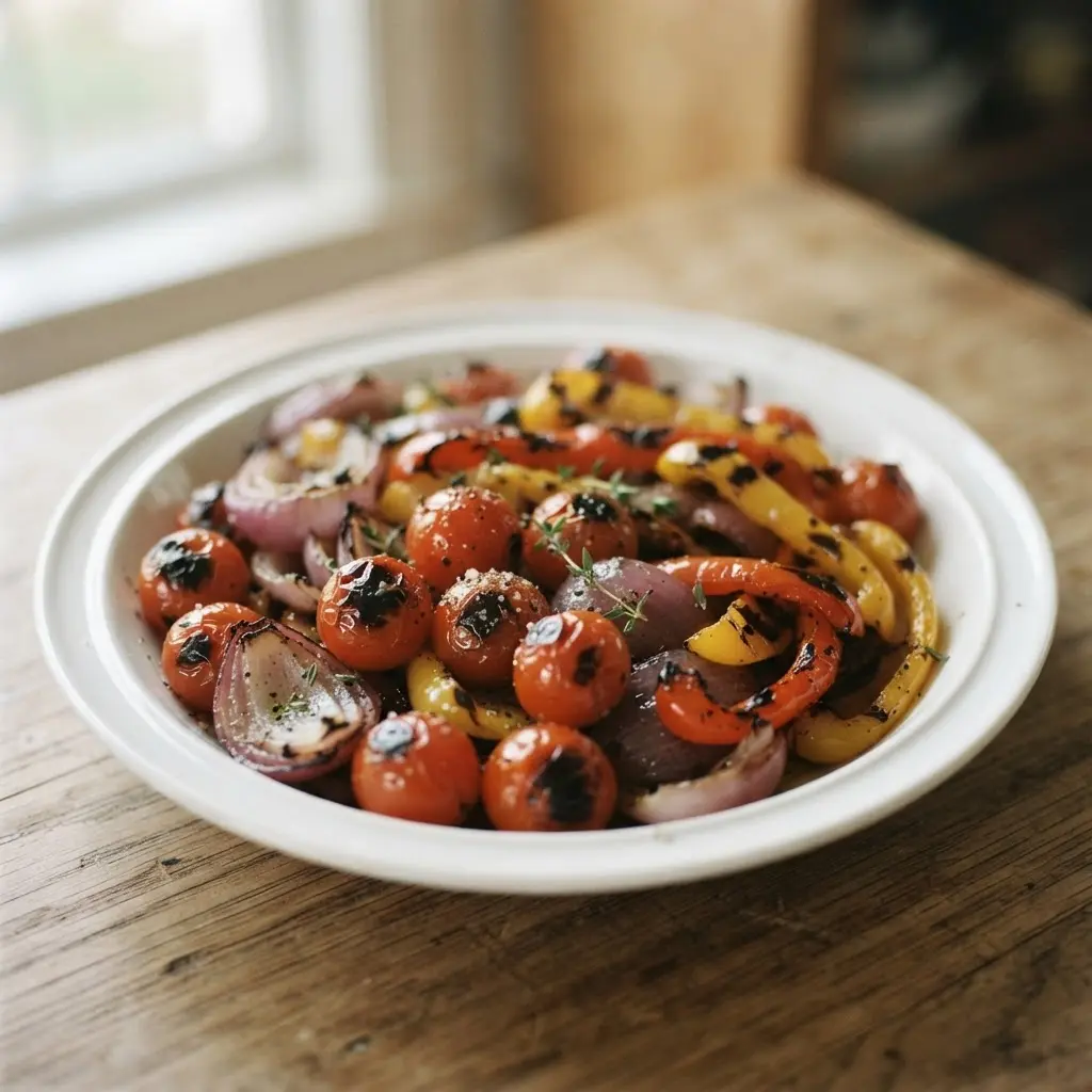 A metal grill basket holds small tomatoes, onion pieces, and peppers above the grill grate.