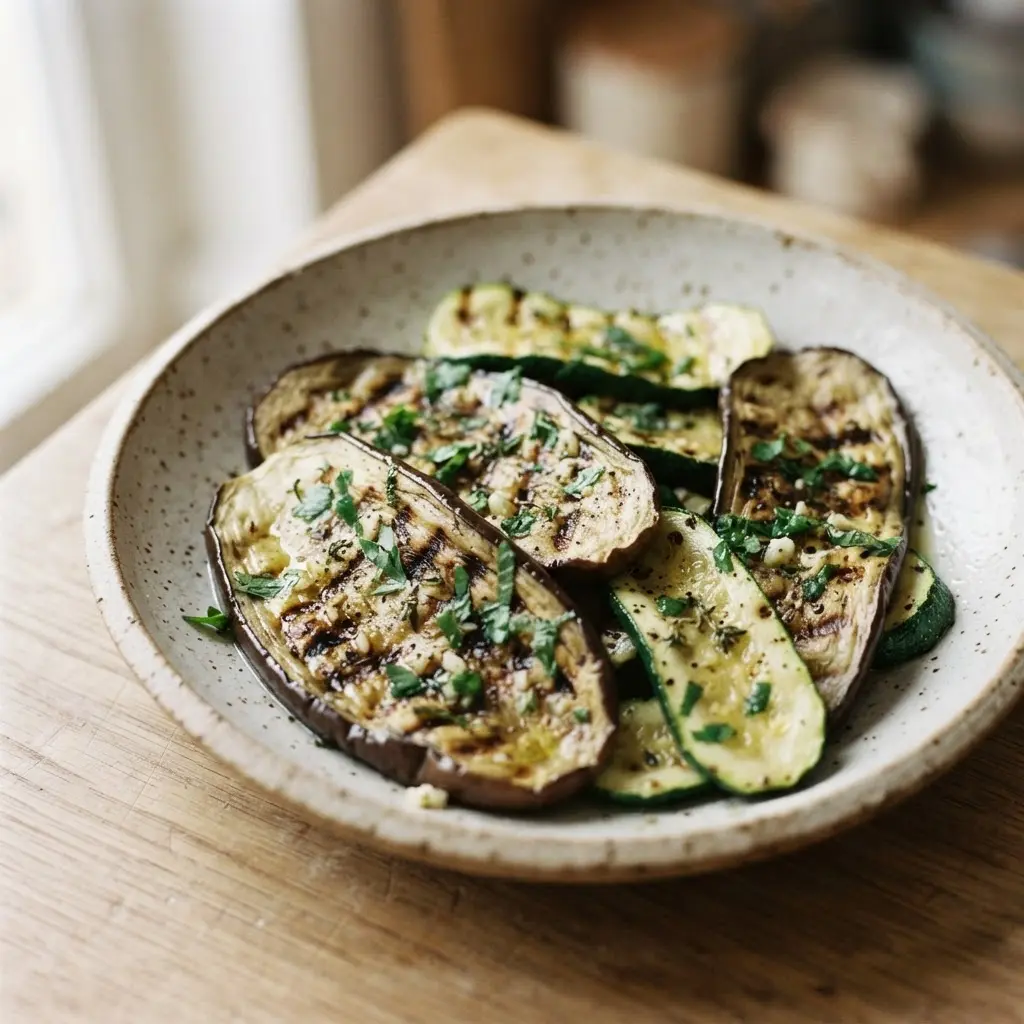 Marinated eggplant and zucchini with herbs cook on a grill during summer vegetable grilling.