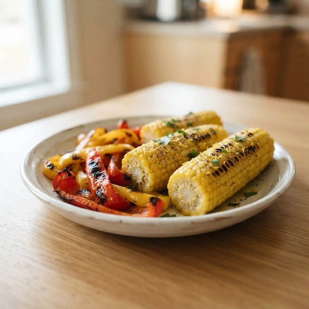 Grilled corn and bell peppers sit beside bowls of lemon zest, pepper, garlic, and chopped herbs.