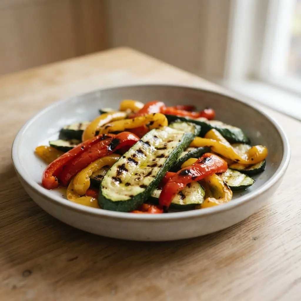 Clean grill grates receive a light coating of oil before zucchini and peppers are added.