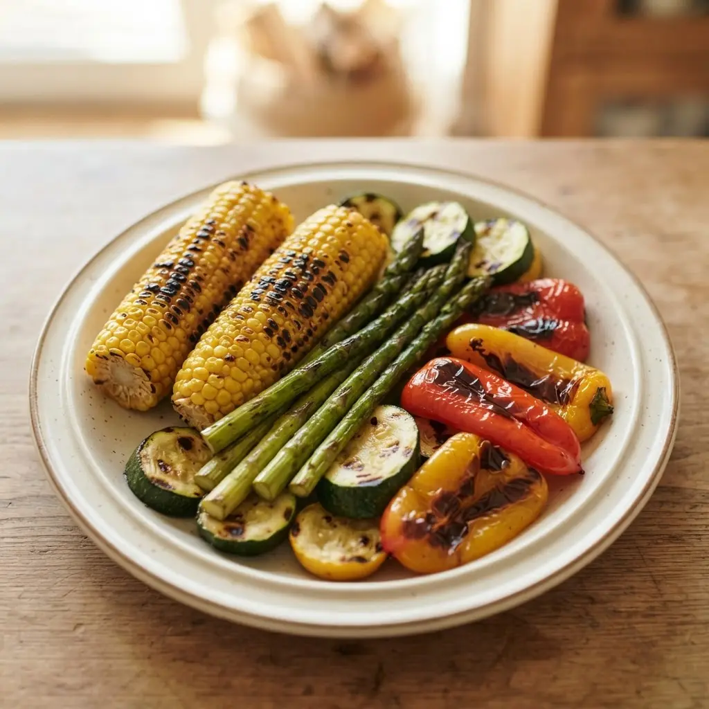 Corn, asparagus, zucchini, and bell peppers show different stages of cooking on a hot grill.