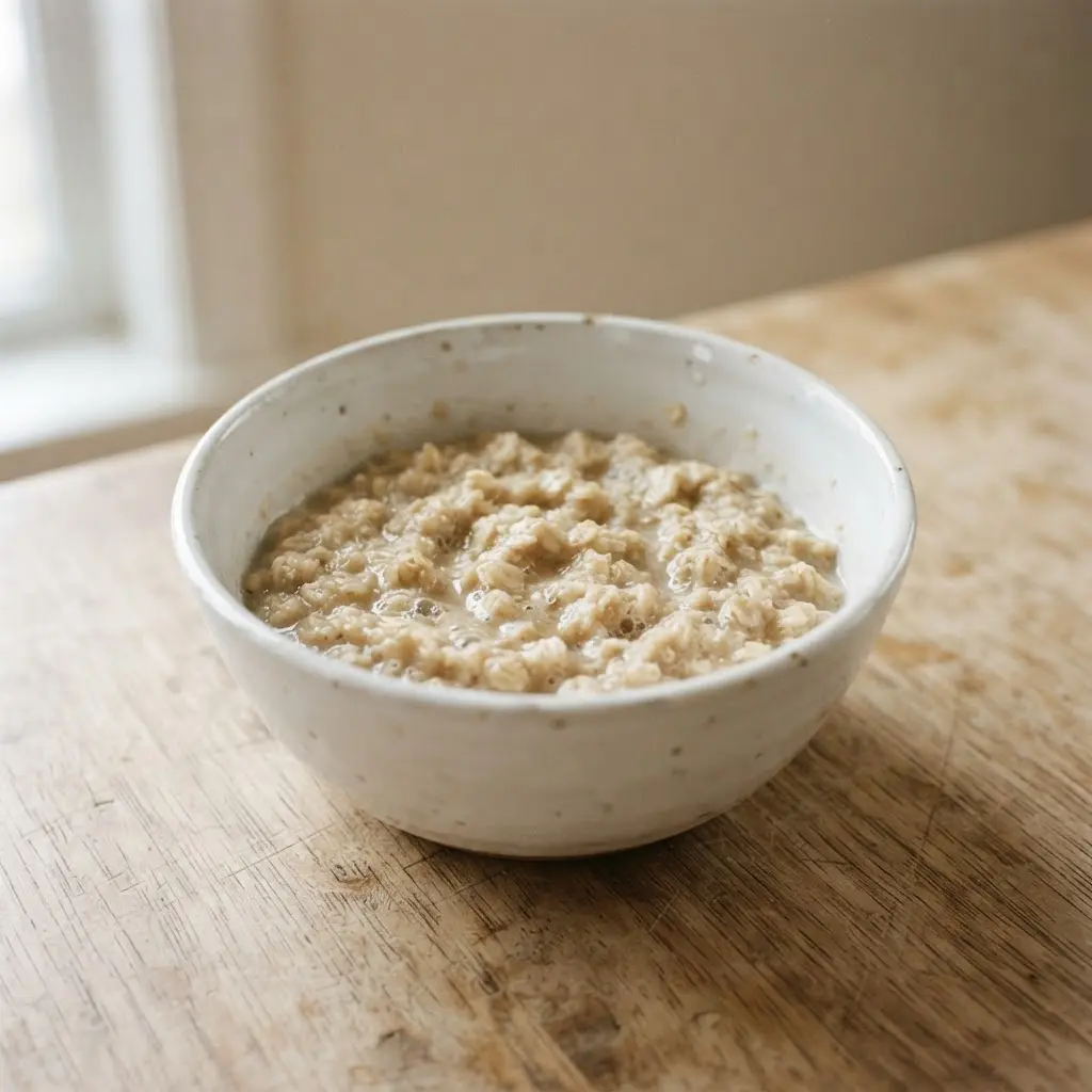 Oats in a plain white bowl on a plain wooden surface.
