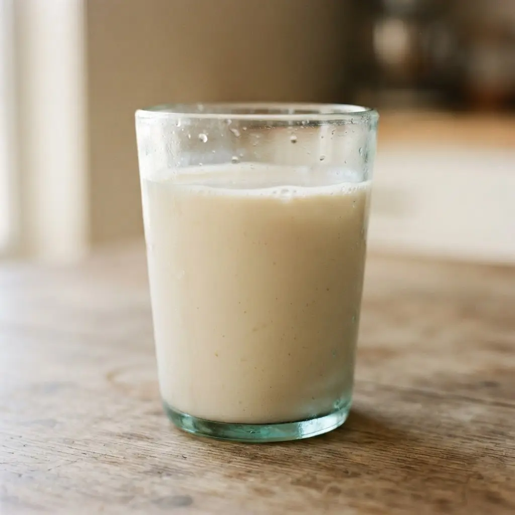 Soy milk in a clear drinking glass in close-up.
