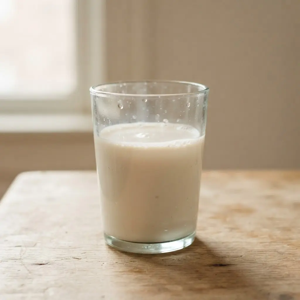 Oat milk in a clear drinking glass on a plain wooden surface.