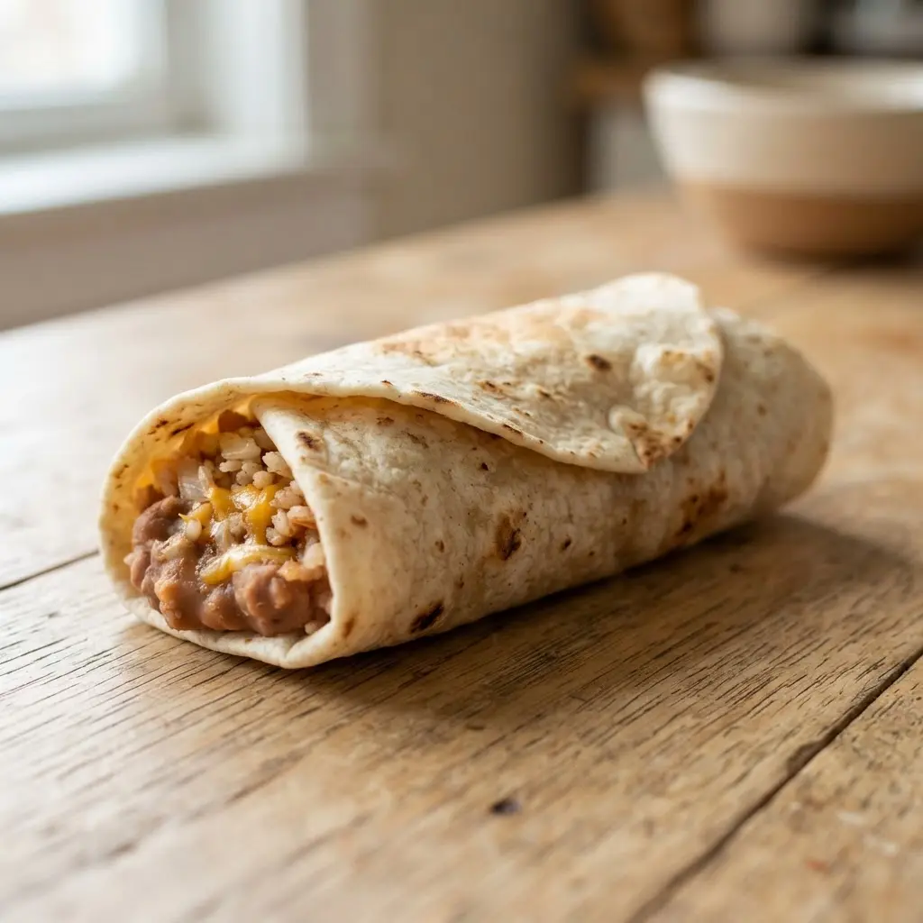 Bean burrito on a plain wooden surface.