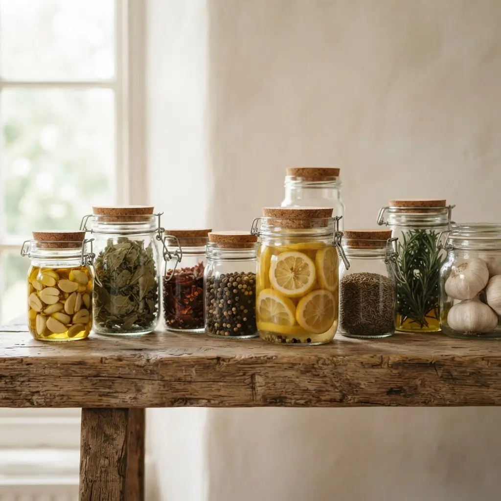 Glass jars of herbs, spices, garlic, and lemon arranged for healthy tasty meal preparation.