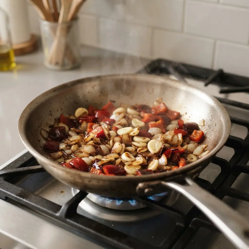 Onions, garlic, and peppers sauté in a skillet for a healthy tasty meal base.