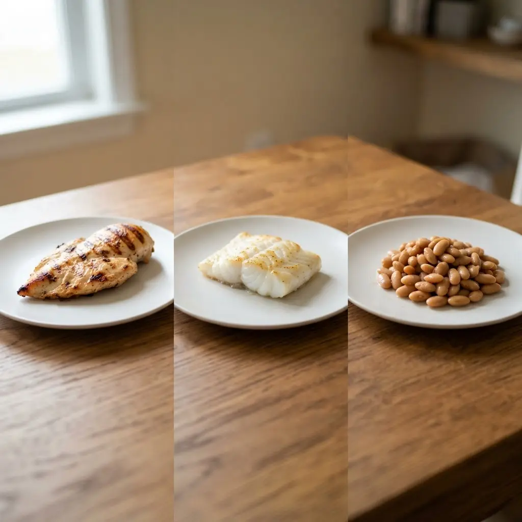 Grilled chicken, white fish, and beans arranged on plates for healthy tasty meal ideas.