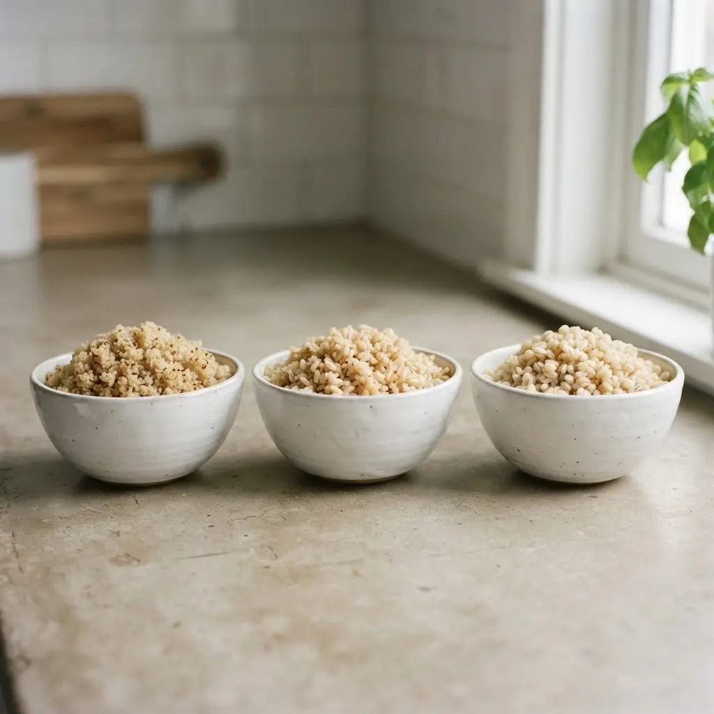 Bowls of quinoa, brown rice, and barley beside vegetables for healthy tasty meals.