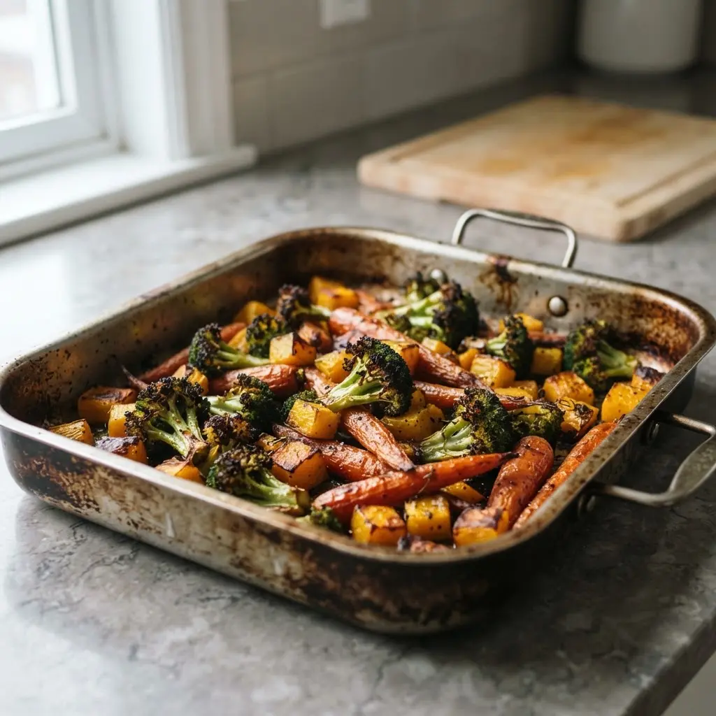 Roasted carrots, broccoli, and squash spread across a metal roasting pan.