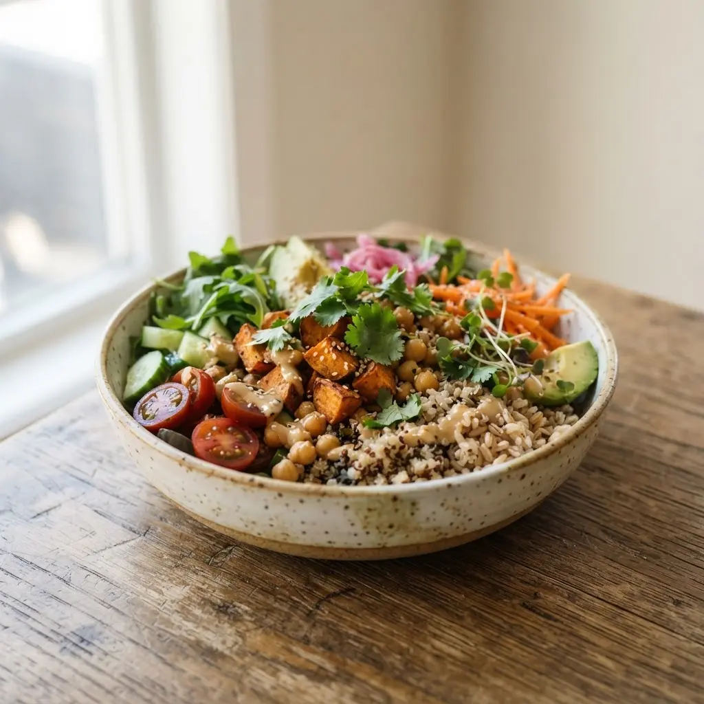 Lemon wedges, miso, tomatoes, and herbs arranged beside a colorful grain bowl.