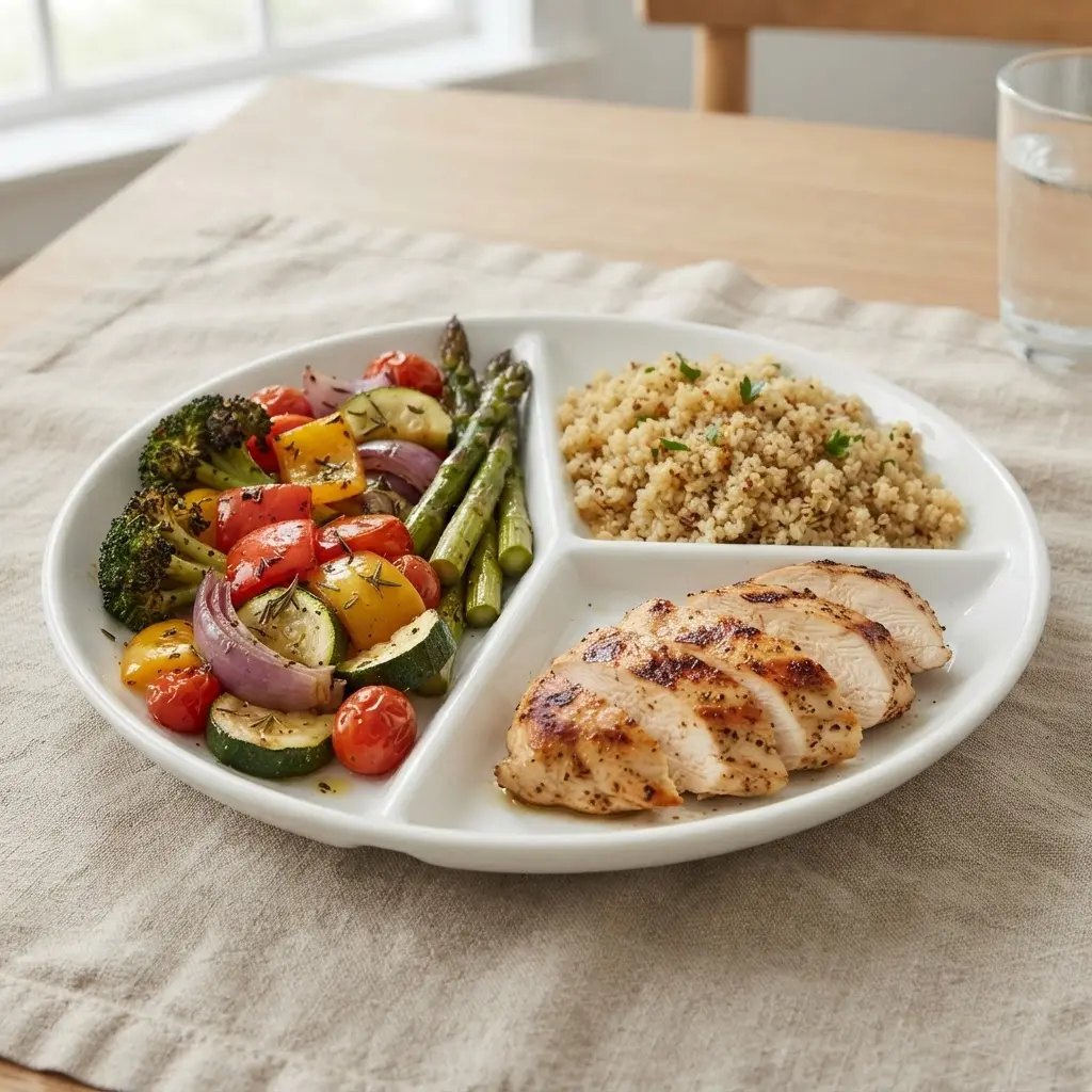 A divided plate holds roasted vegetables, whole grains, and grilled protein.