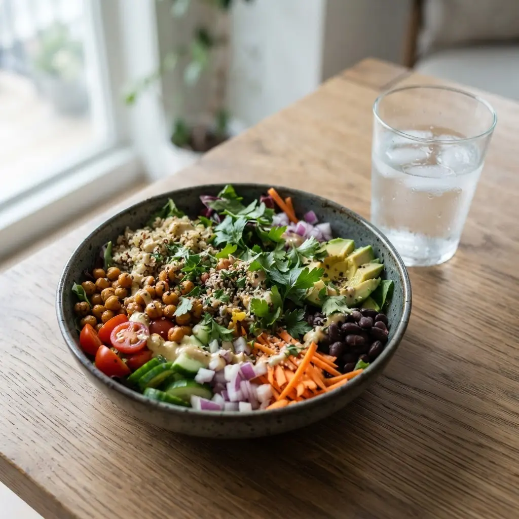 A colorful grain bowl with vegetables and beans sits beside a glass of water.