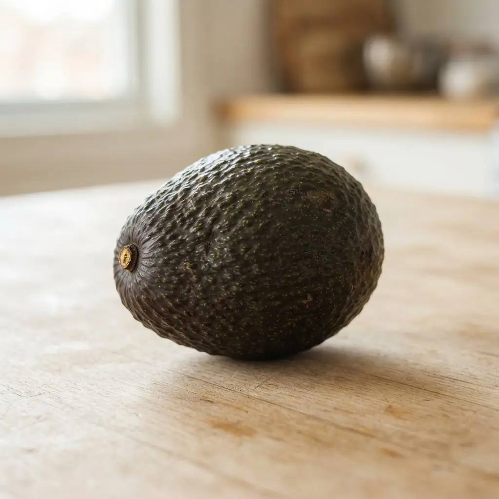 Avocado on a plain wooden surface.