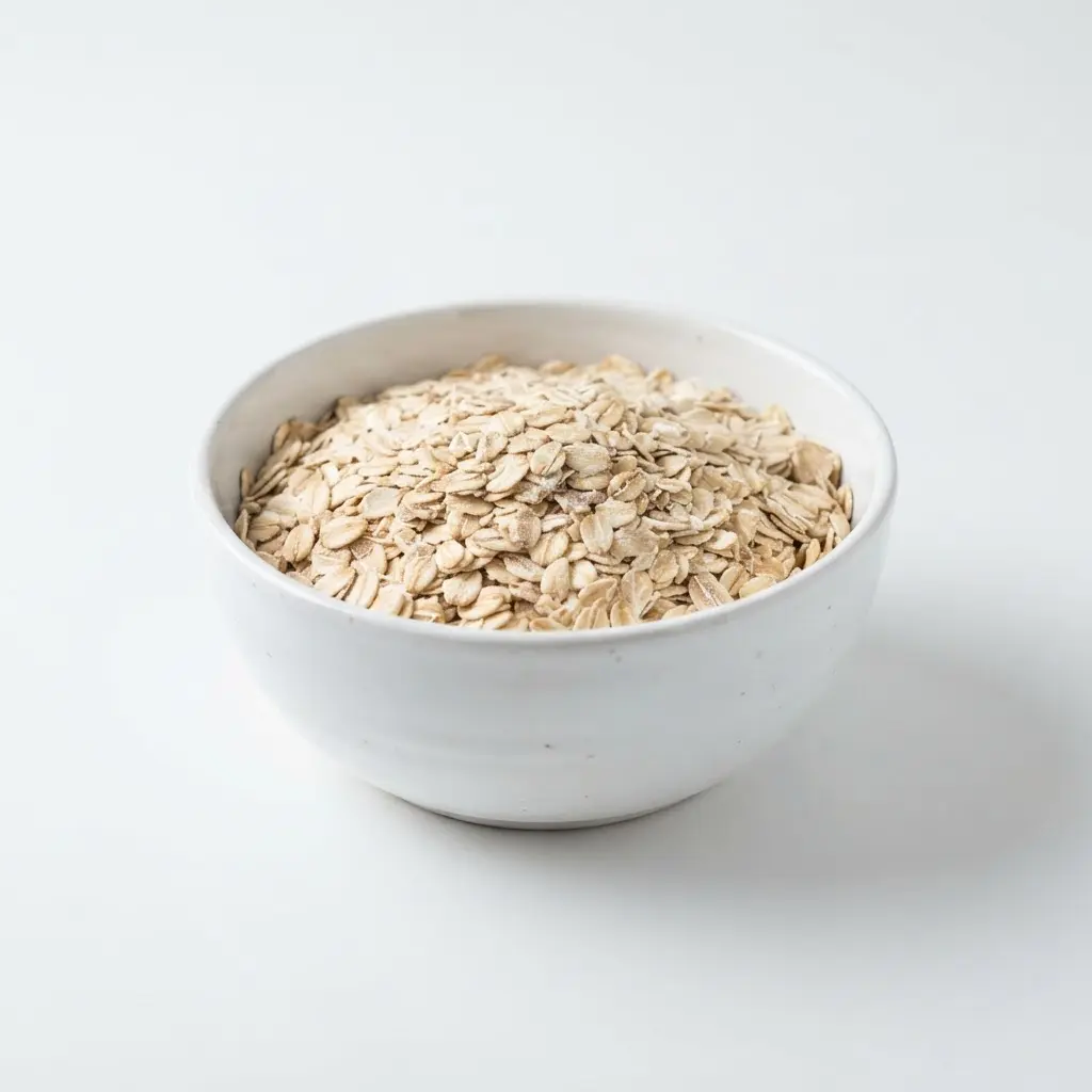 Rolled oats in a plain white bowl on a clean white background.