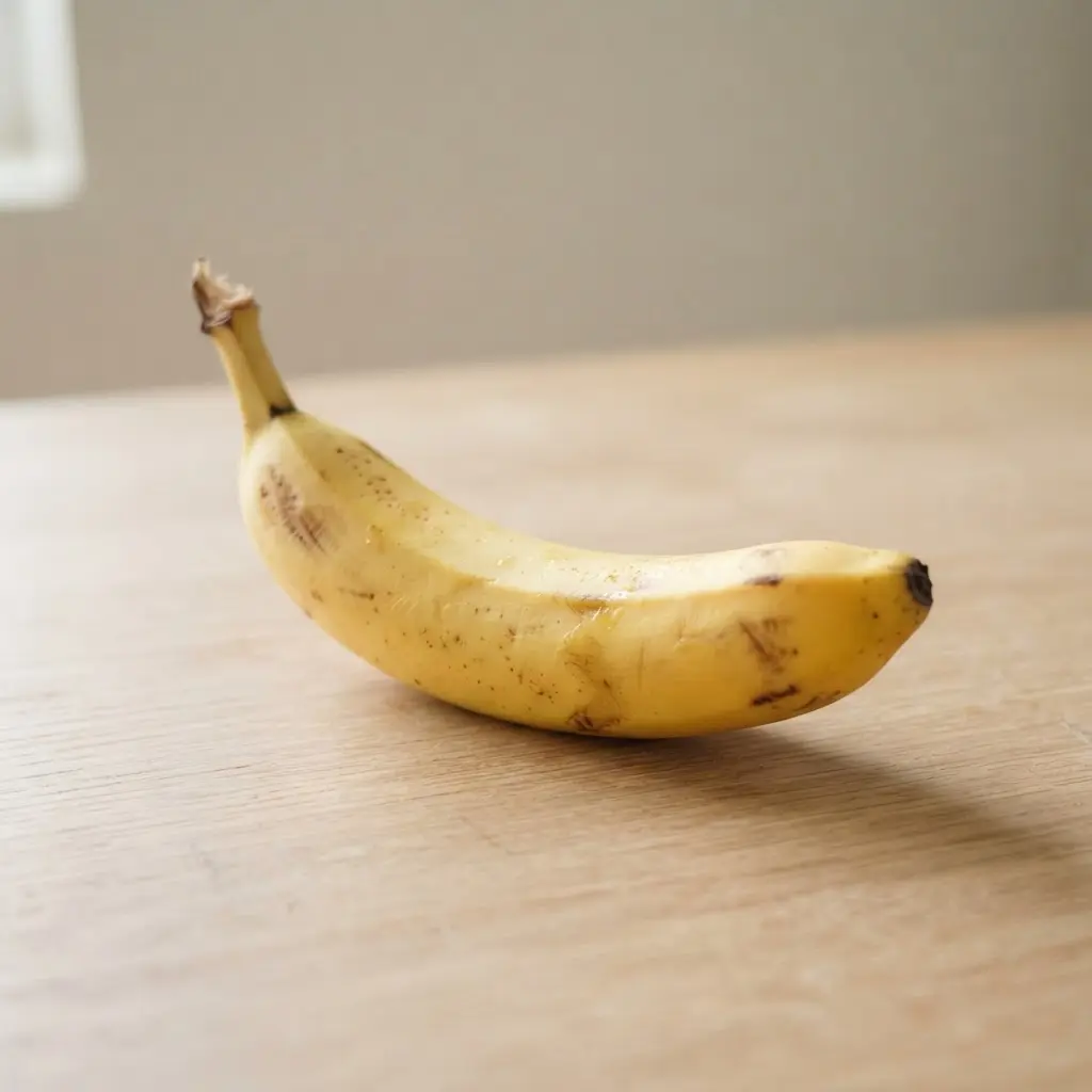 Banana on a plain wooden surface.