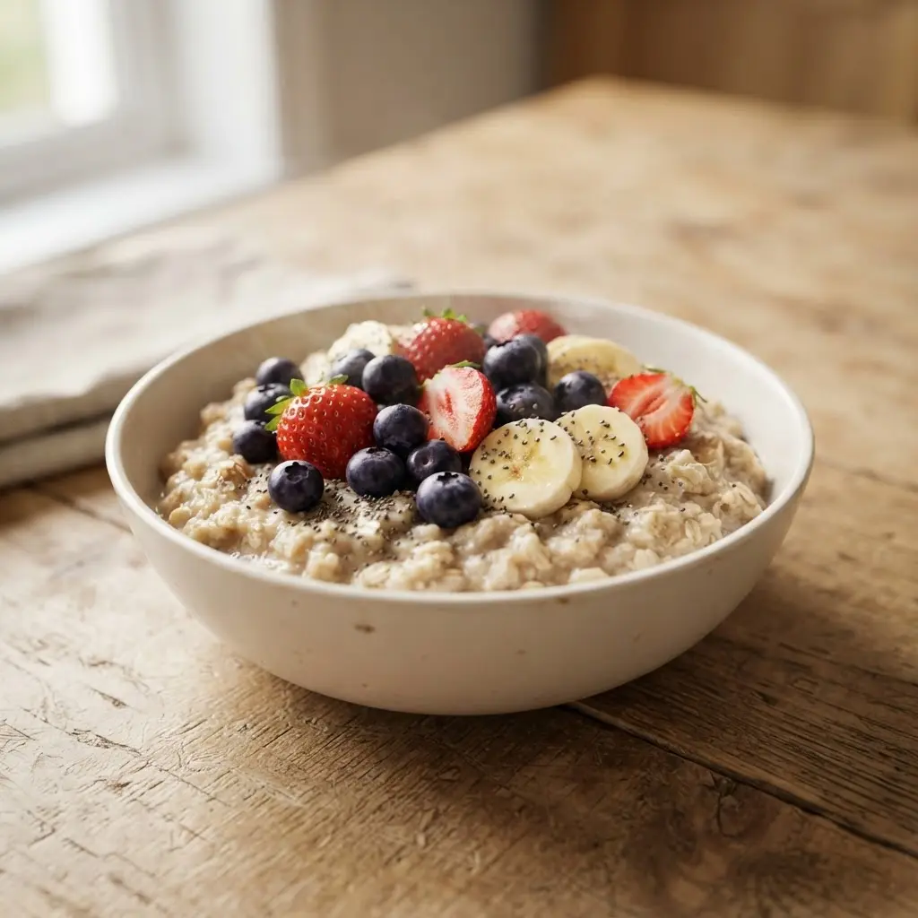 Oatmeal topped with berries, chia seeds, and sliced banana, offering tips to improve your digestion.