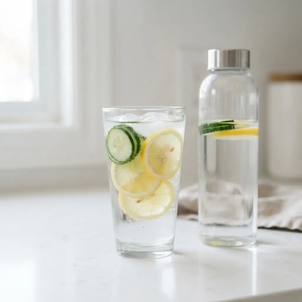 A clear glass of water beside cucumber, lemon slices, and a reusable bottle on a bright table.