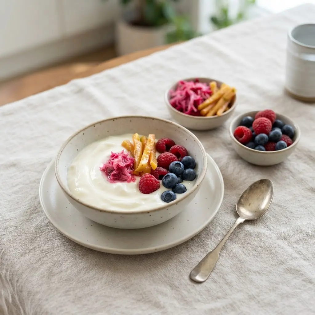 Plain yogurt, berries, and fermented vegetables arranged in small bowls, showing tips to improve your digestion.