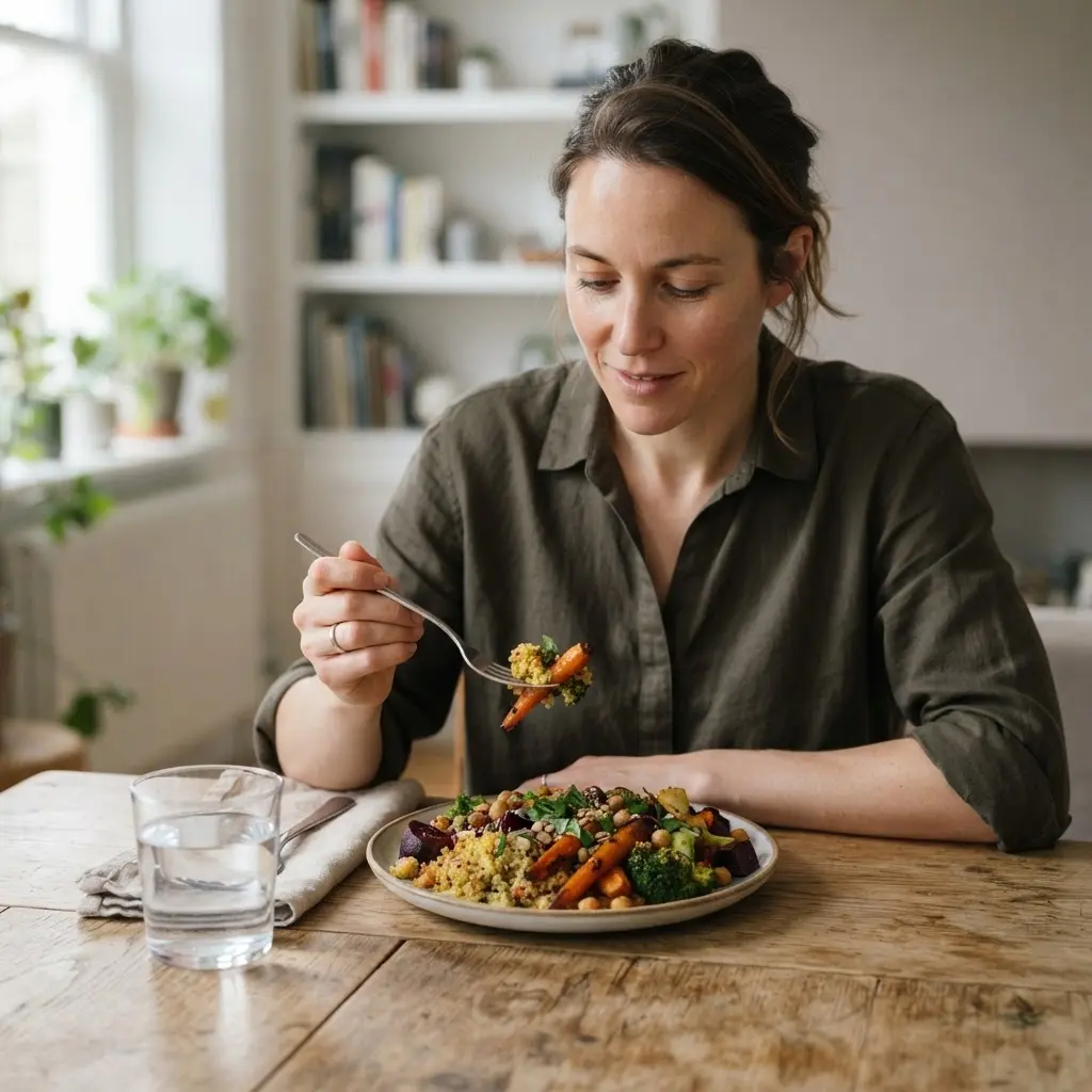 A person eating slowly at a table with colorful vegetables, whole grains, and water in view.