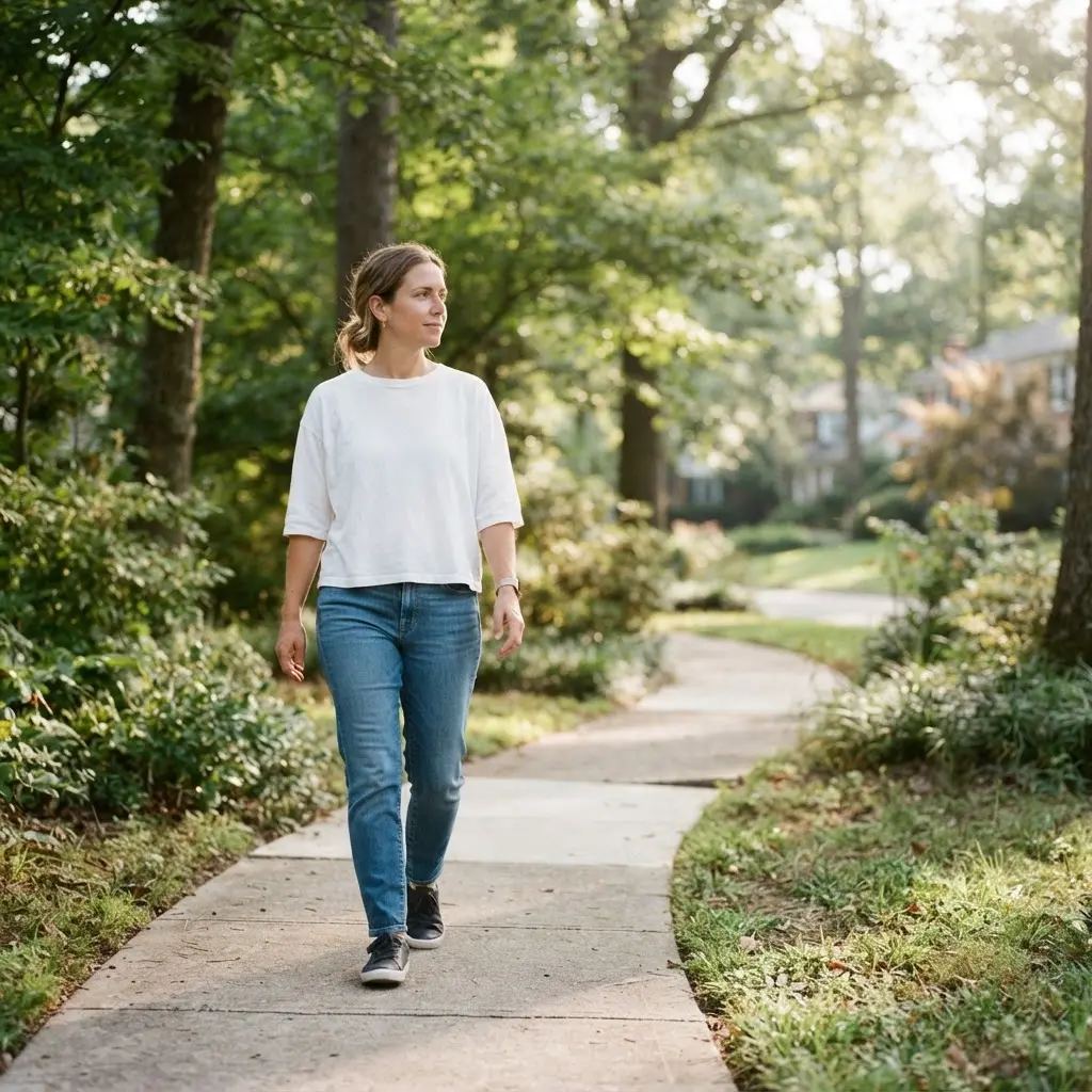 Person taking a gentle walk along a leafy path, a simple step among tips to improve your digestion.