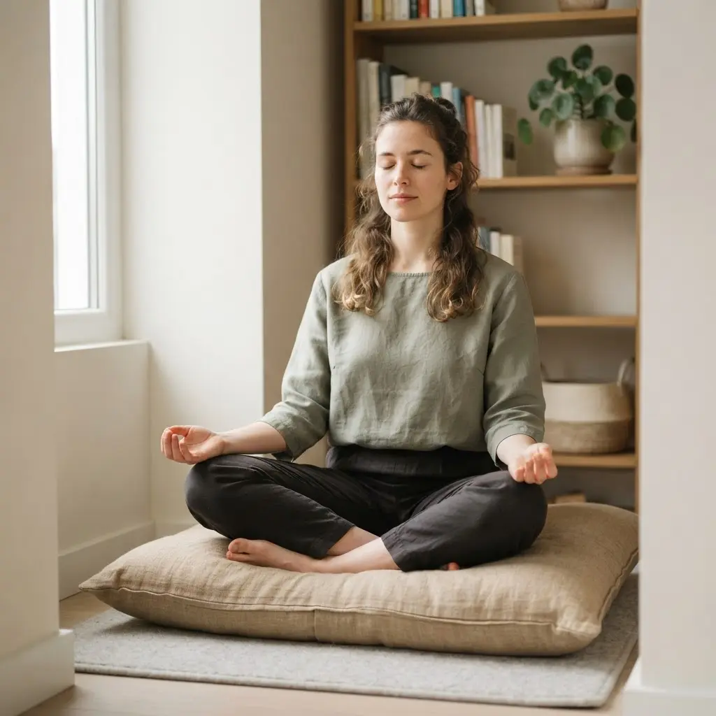 Person seated comfortably with closed eyes, practicing slow breathing in a calm room with soft daylight.