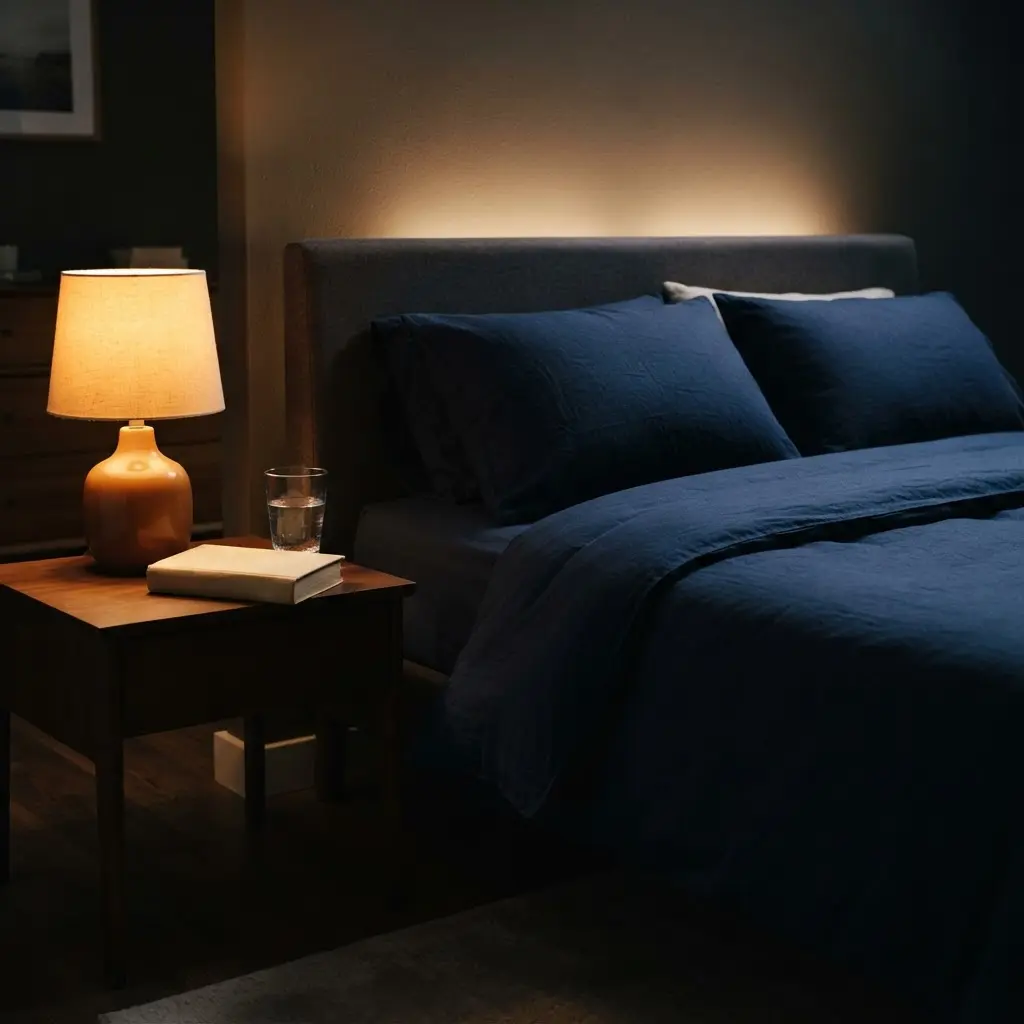 Neatly made bed, dim lamp, book, and water glass creating a calm setting for tips to improve your digestion.