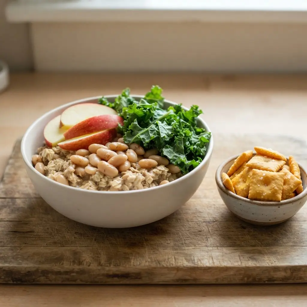 Fresh vegetables, beans, oats, and fruit arranged beside a small bowl of packaged snack foods.