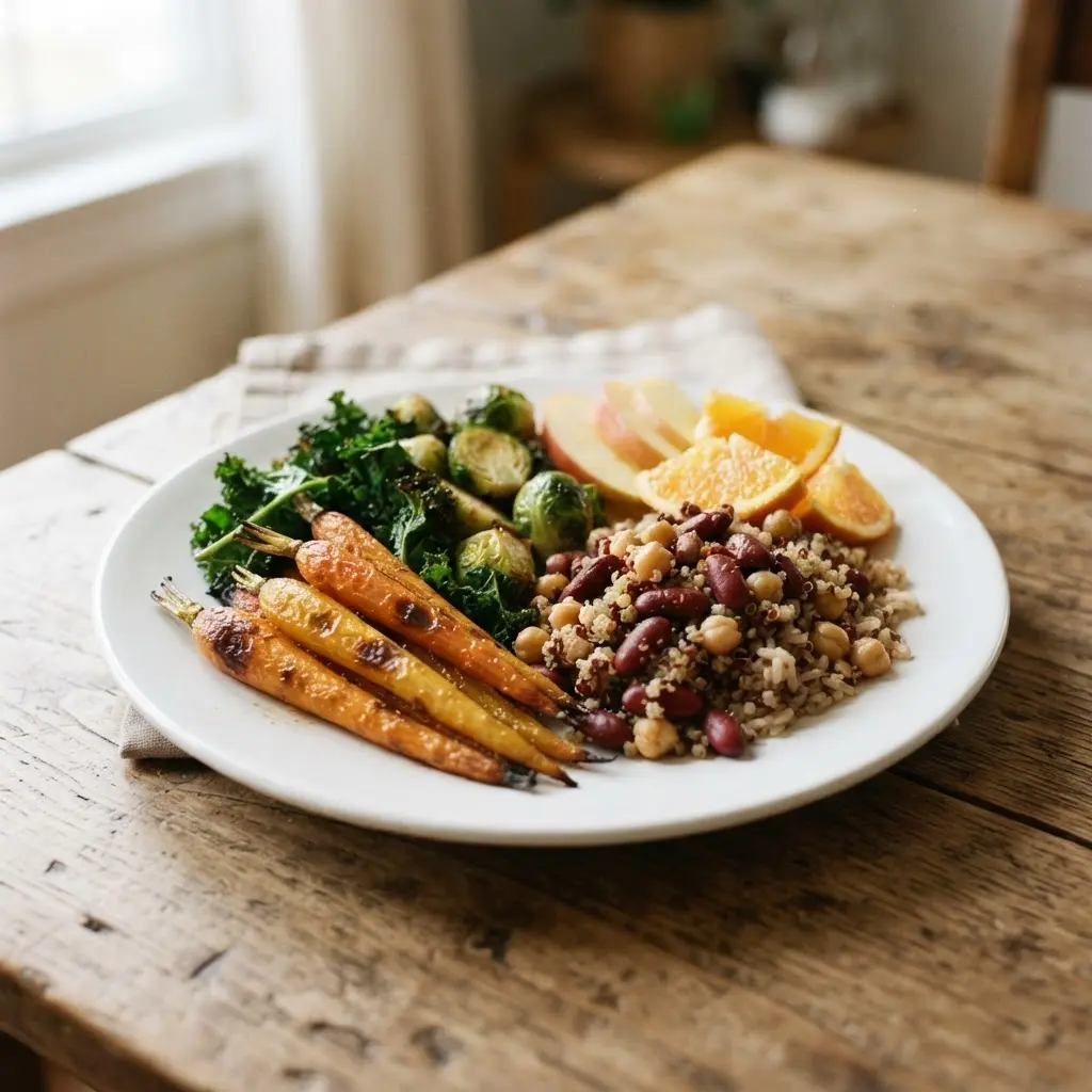 Colorful whole food meal with vegetables, beans, grains, and fruit for healthy living tips.