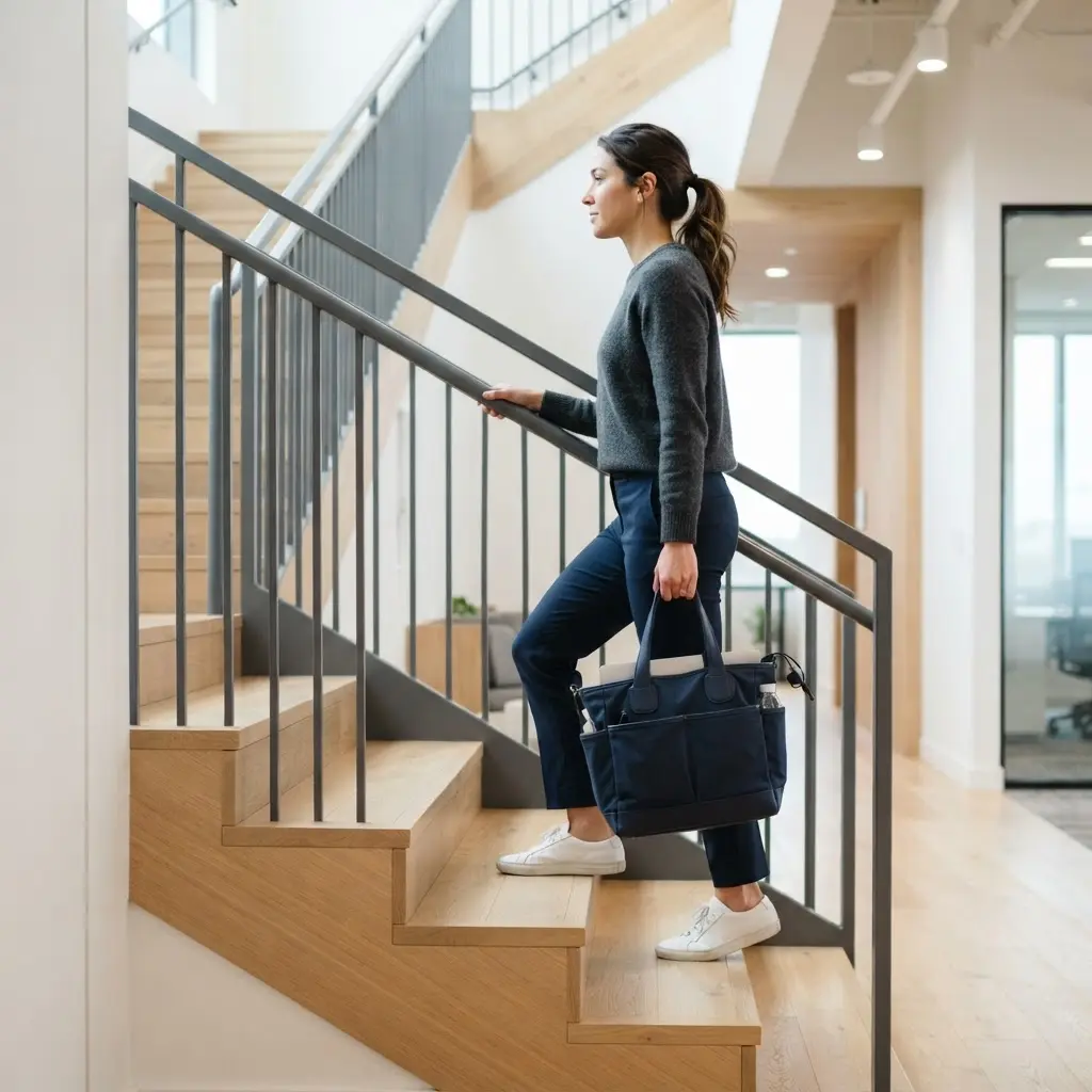 Person climbing indoor stairs with a small work bag during an ordinary busy day.