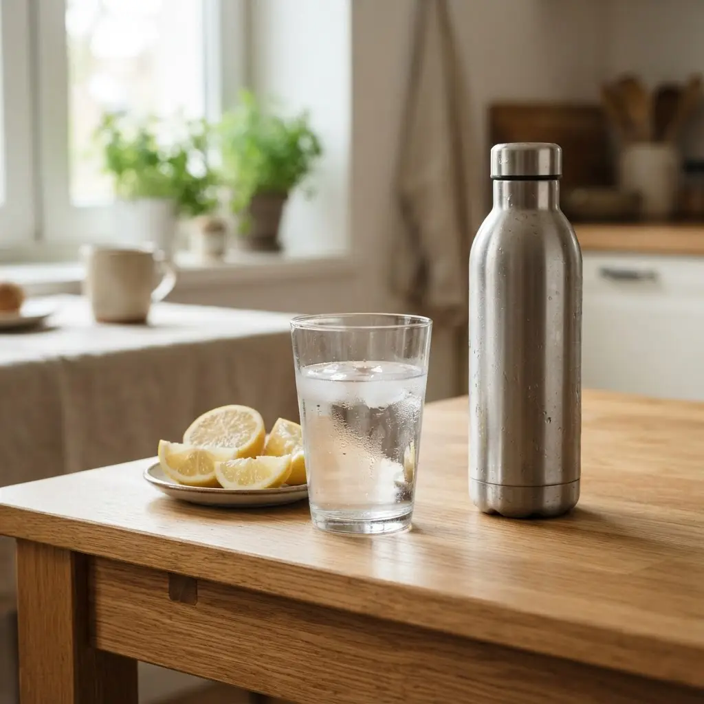 Clear water glass, reusable bottle, and lemon slices arranged on a bright kitchen table.