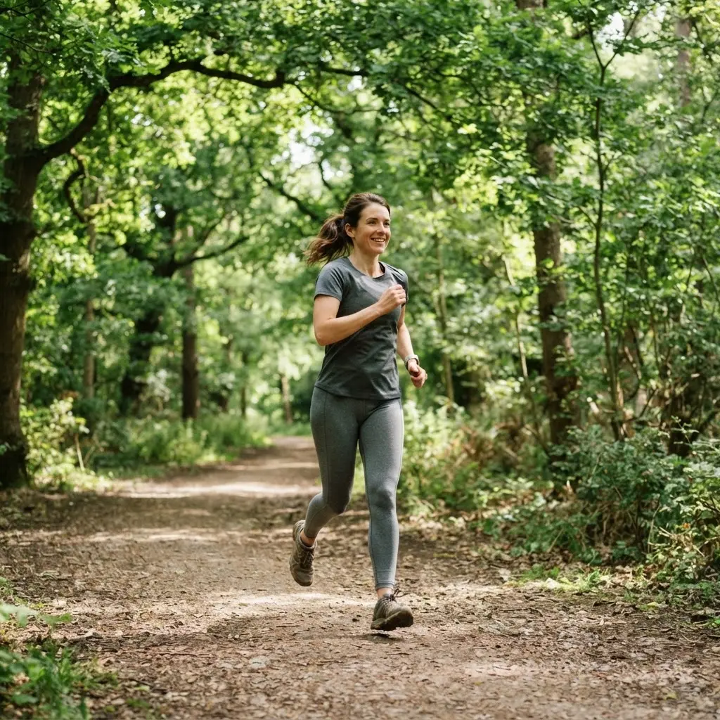 Adult walking briskly on a tree-lined path as part of everyday healthy living tips.