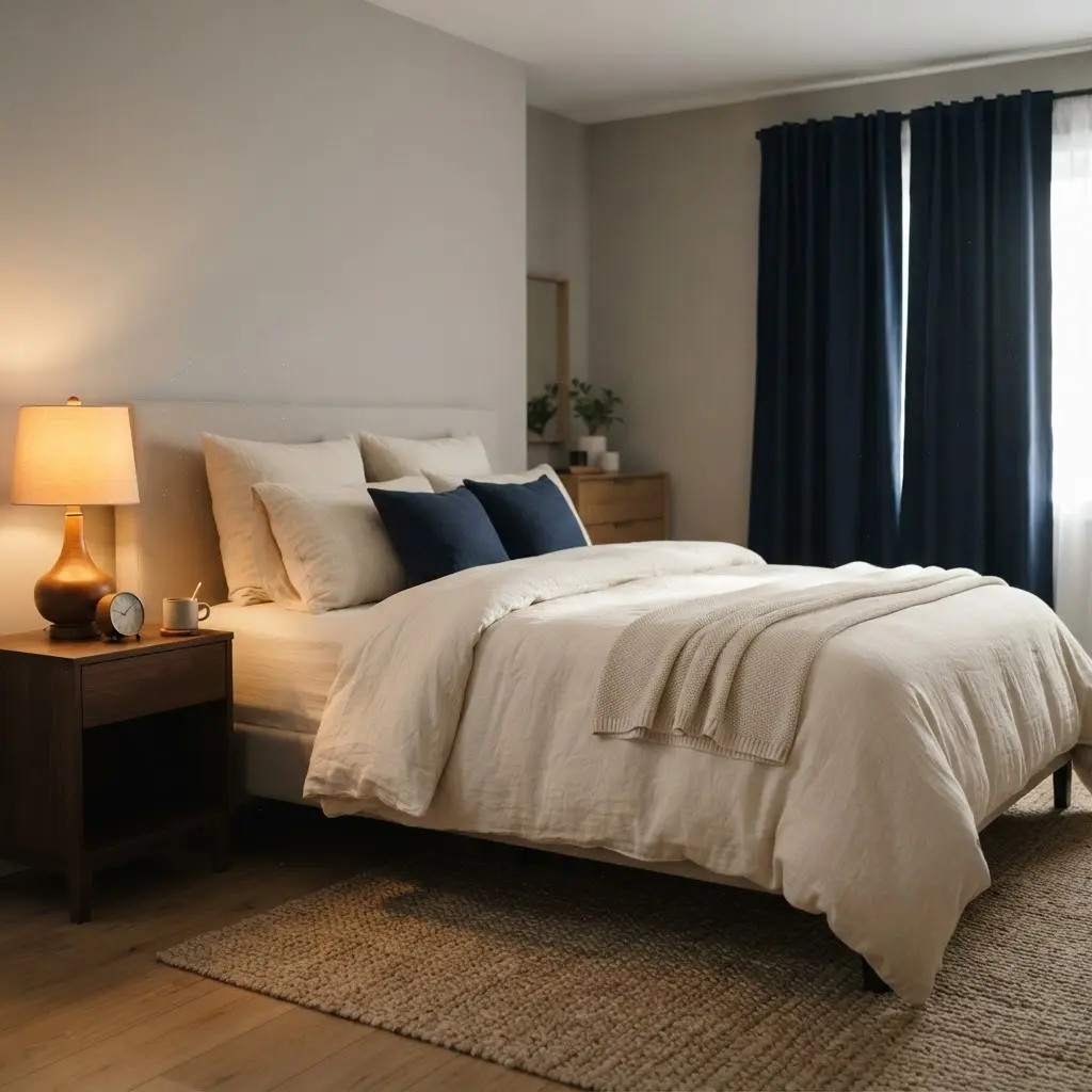 Neatly made bed, soft bedside lamp, closed curtains, and a calm bedroom prepared for sleep.